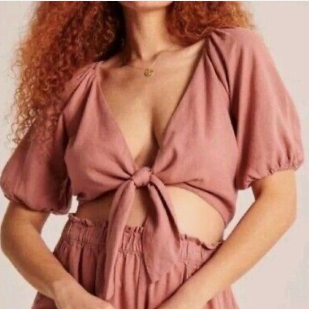 Abercrombie & Fitch Pink Linen Blend Crop Top Tie Front Short Puff Sleeves M